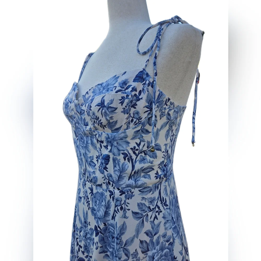 ​Petal & Pup Blue Floral Tie Strap Midi Dress Smocked Back Front Side Slit - Picture 5 of 16